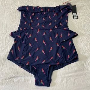 NWT Marc by Marc Jacob’s peplum navy swimsuit with bird print